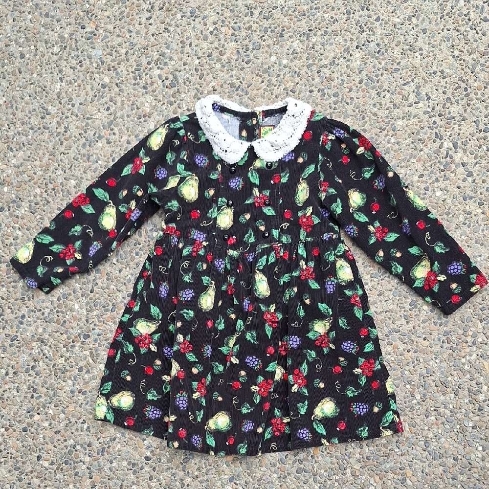 Crochet Peter Pan Collar Fruit Print Corduroy Dress Kids 100% Cotton Size 5 Kids